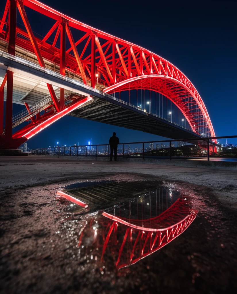low angle night photography of an illuminated red steel arch bridge, lone silhouetted figure at a railing facing a distant city skyline across dark water, textured concrete foreground puddle reflecting the glowing red bridge truss, deep blue night sky, high contrast, strong architectural leading lines