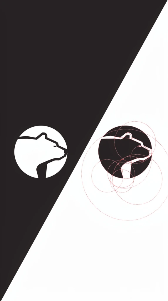 A diagonally bisected minimalist composition displaying a geometric bear profile. The left side features a dark charcoal background containing a crisp white circular shape, utilizing negative space to form the right-facing silhouette of a bear's head. The right half presents a bright white background with the identical emblem rendered in solid black. Overlaid on the right-side graphic are intersecting thin red dotted circles of varying sizes, illustrating the precise mathematical grid and overlapping radii used to construct the curving contours of the animal.