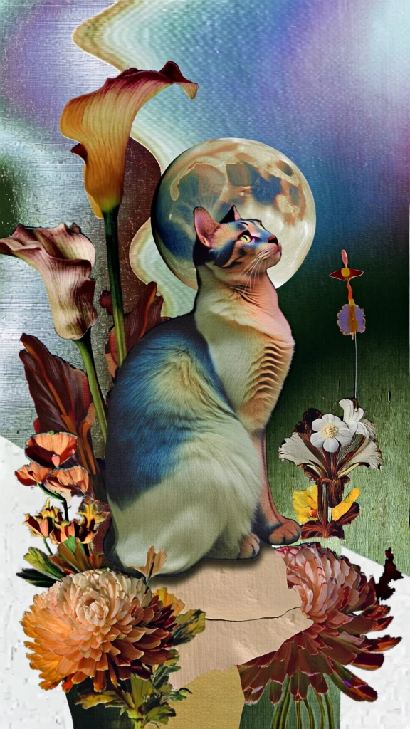 surrealist digital collage aesthetic, a cat perched elegantly looking towards a large textured moon, high-fashion editorial style, center-weighted composition framed by oversized botanical elements of calla lilies and chrysanthemums, muted teal and burnt orange and beige color palette, grainy paper-cutout textures, iridescent wavy gradient background with metallic sheen, soft ethereal lighting, avant-garde floral details, intricate paper-layered depth, nostalgic film grain.