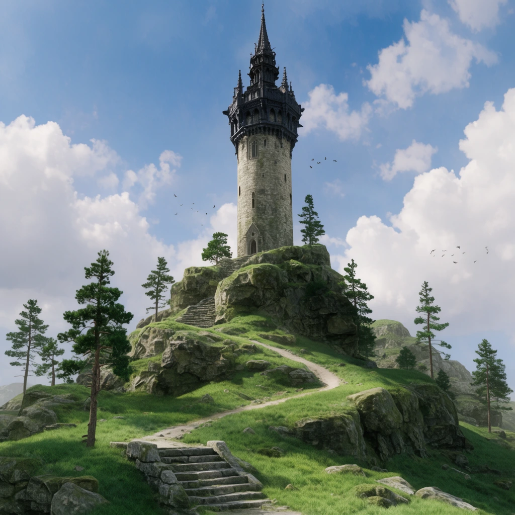 A tall stone tower with a dark, ornate spire stands atop a grassy, rocky crag. Weathered stone steps and a winding dirt path ascend the rugged, vibrant green hillside. Scattered pine trees dot the landscape. The bright blue sky features fluffy white clouds and small birds circling the peak. Captured in a realistic high-fantasy 3D rendering style with bright natural daylight and a vertical composition.