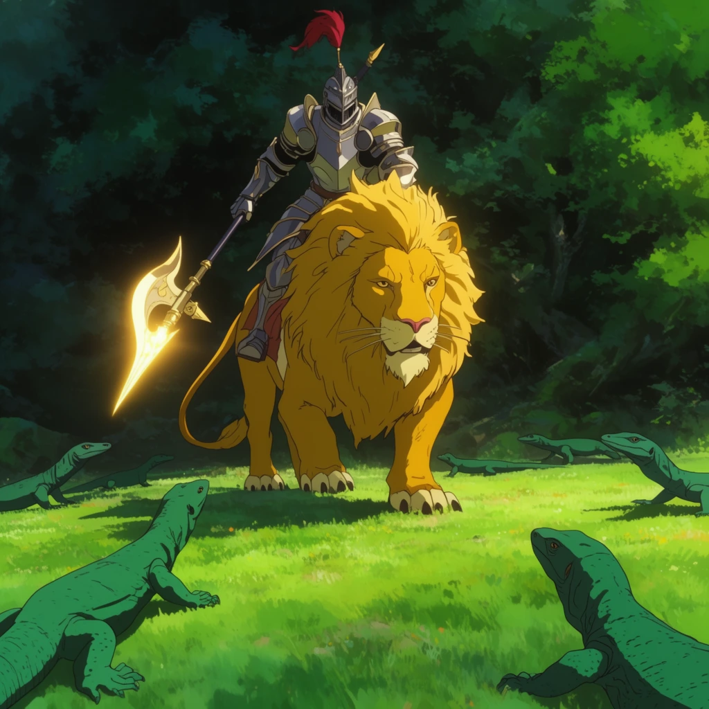 armored knight riding a giant golden lion, wielding a glowing halberd, chasing large emerald monitor lizards, bright sunlit grassy clearing, dense dark green forest background, lush painterly animation style, cinematic lighting