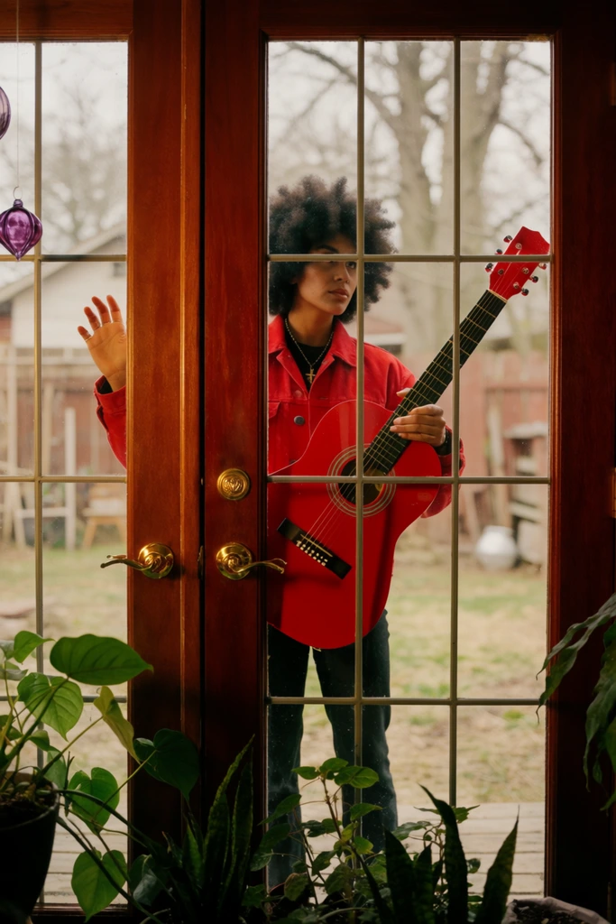A person with a dark afro and red jacket holds a red acoustic guitar behind mahogany glass doors. Looking outward, their hand rests on the frame. Foreground indoor plants contrast with a softly focused rustic backyard. The cinematic medium shot features warm color grading, framing the subject through the architectural grid alongside purple glass ornaments.