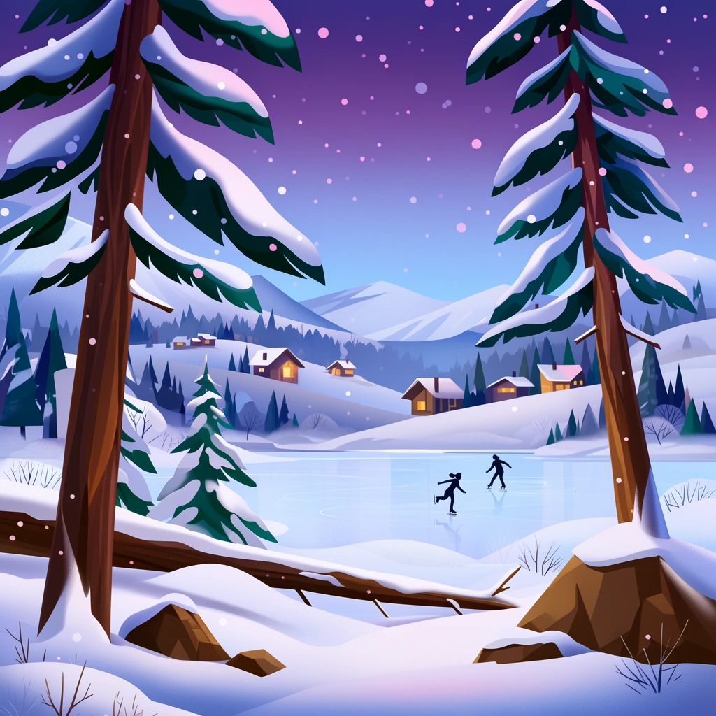 stylized winter landscape digital illustration, two small silhouetted figures ice skating on a frozen pale blue lake, foreground featuring tall pine trees with heavy snow-laden branches and thick brown trunks, jagged brown rocks and a fallen log nestled in deep snowbanks, midground rolling hills dotted with wooden cabins emitting warm glowing yellow light, distant snow-capped mountains, twilight sky gradient from deep purple to soft blue, scattered white and pink snowflakes, vector art aesthetic with crisp edges, soft gradient shading, serene storybook atmosphere