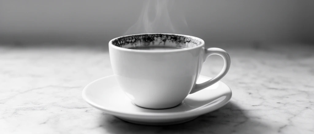 A pristine white porcelain cup and matching saucer sit on a lightly veined marble countertop in a monochromatic black and white photograph. A delicate, translucent wisp of steam rises softly above the liquid inside. The inner rim of the cup is heavily marked with a dark, textured ring of residue, providing a striking visual contrast against the smooth exterior. The cup features a simple curved handle extending to the right. Soft, diffused lighting from the left casts gentle, fading shadows across the saucer and the textured marble surface below. The background is a minimalist, out-of-focus gradient of smooth grey, drawing full attention to the sharp focal point on the stained porcelain rim and the subtle ethereal movement of the steam.