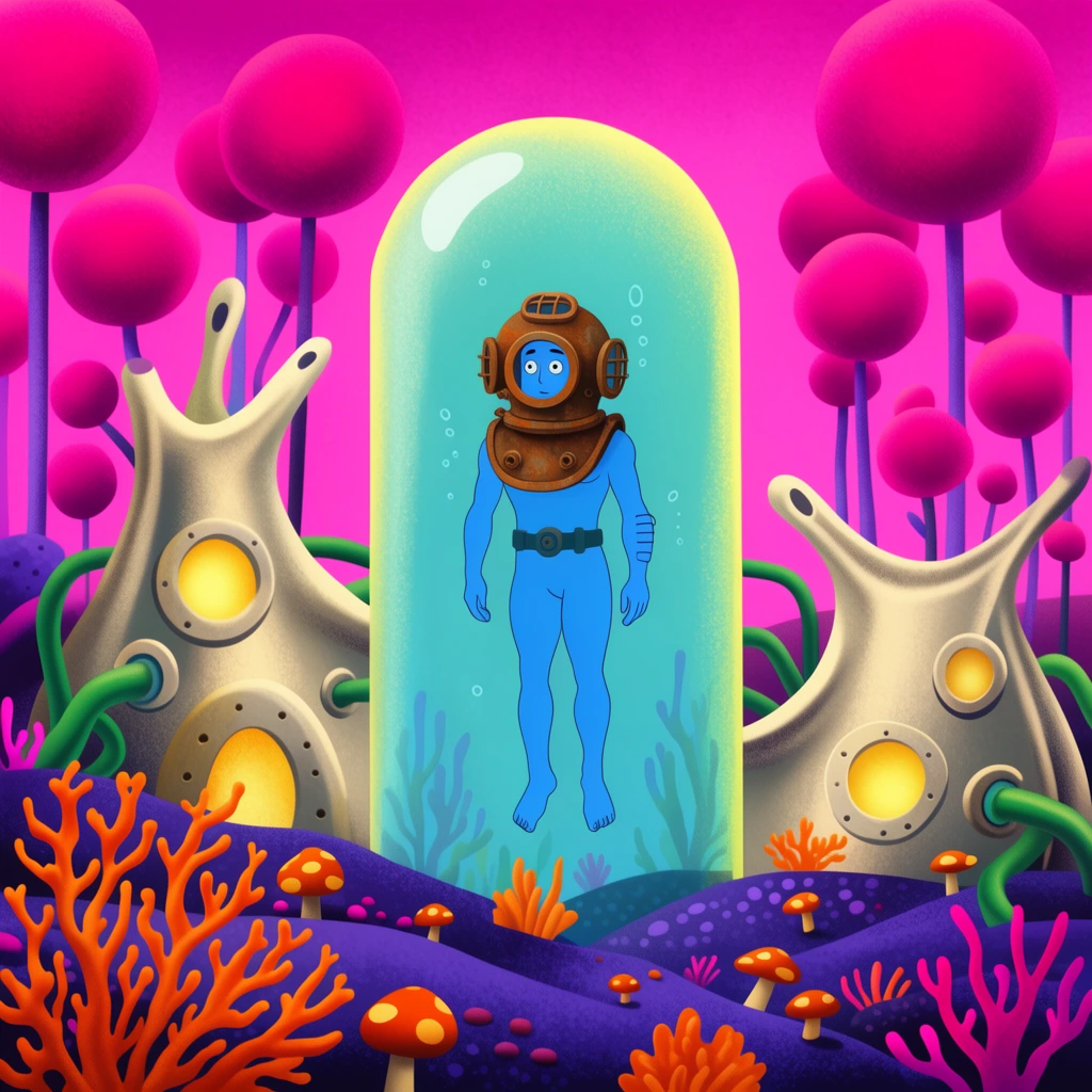 A central transparent cylinder holds a floating blue humanoid in a rusted diving helmet, set within a vibrant 2D-animated alien landscape rendered with stippled gradients. Smooth, bone-like metallic structures with glowing yellow portholes and green tubes surround the deep purple terrain, which bristles with neon-pink spherical trees, orange corals, and spotted mushrooms against a vivid magenta sky.