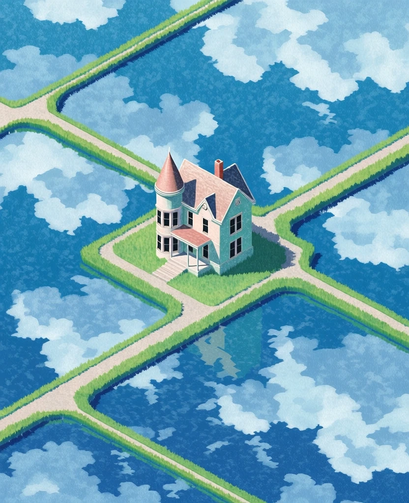 overhead isometric view of a victorian-style house with a conical turret, situated on a small grassy island within a grid of flooded fields, the water reflecting a bright blue sky with fluffy white clouds, vibrant green paths separating the rectangular water sections, illustrative stippled texture, painterly grain, soft light, minimalist surrealism, palette of electric blue, bright green, and crisp white, high contrast, clean lines, dreamy and whimsical atmosphere.