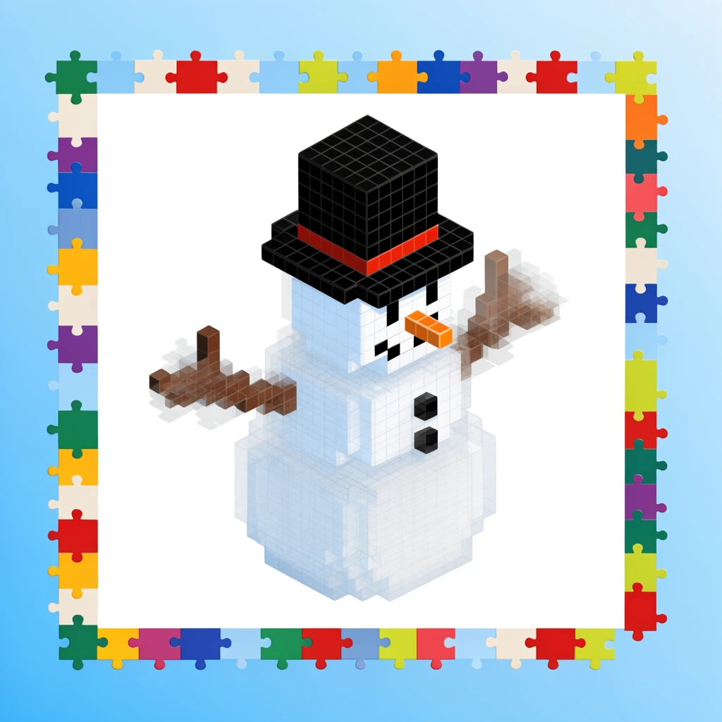 isometric 3D voxel diagram of a pixelated snowman, transparent ghosted layers showing step-by-step assembly, black top hat, colorful interlocking puzzle pieces framing the white canvas, light blue gradient