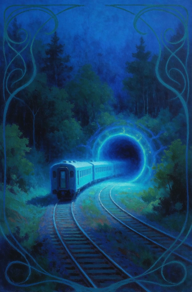 a passenger train on tracks entering a glowing circular portal, moody symbolist oil painting style, grainy canvas texture, deep sapphire and electric blue palette, dark forest green accents, ethereal soft focus, mystical cyan glow emanating from the train and portal, soft sfumato transitions, dark vignette corners, swirling organic ornamental line motifs, mysterious dreamlike atmosphere, low contrast shadows, nocturne aesthetic, bioluminescent lighting, ethereal hazy textures