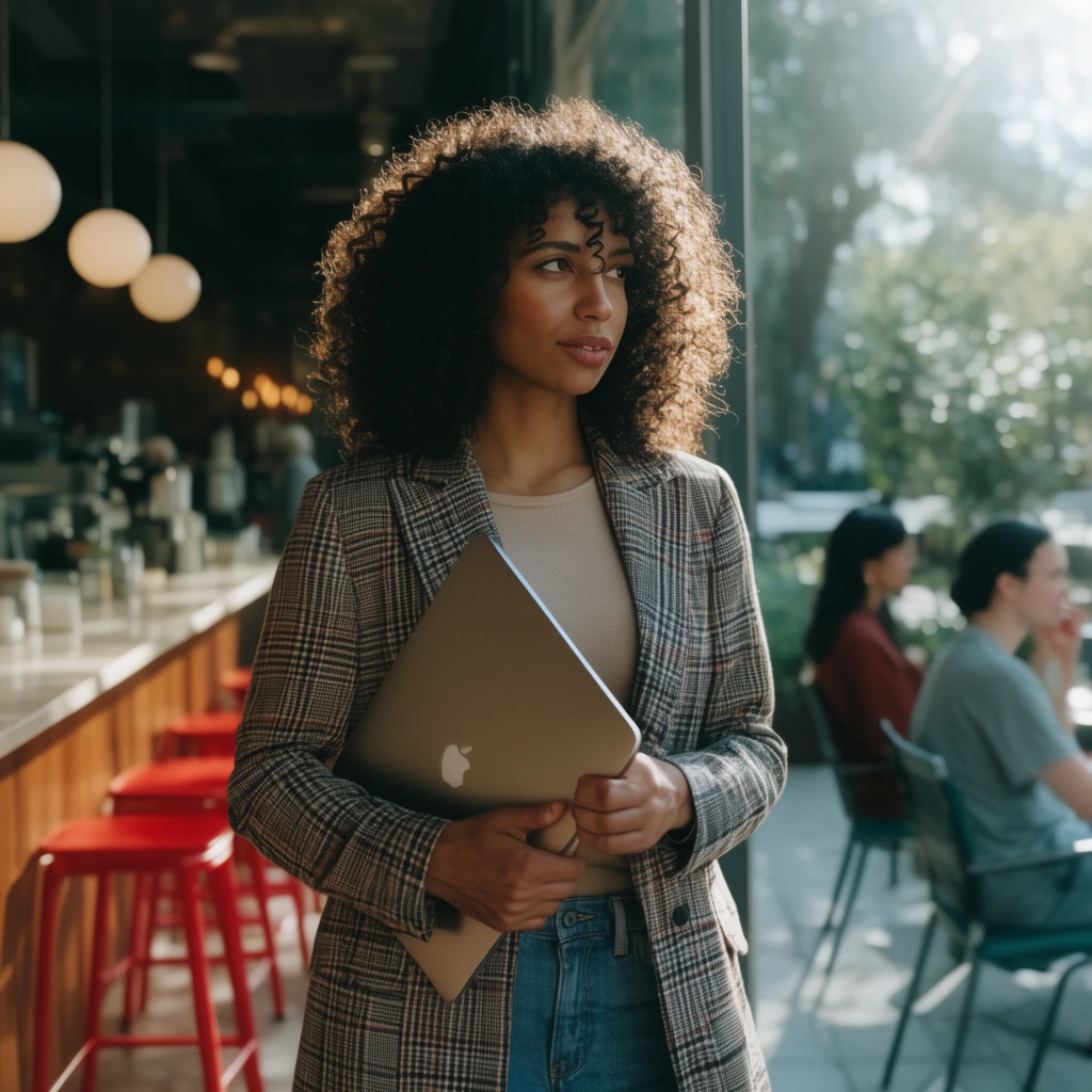 A woman with dark curly hair holds a closed laptop, wearing a plaid blazer, beige top, and blue jeans. She stands in sharp focus against a blurred cafe setting illuminated by bright cinematic sunlight. The background features an indoor counter with red stools and spherical lights on the left, alongside an outdoor patio with two seated figures on the right.