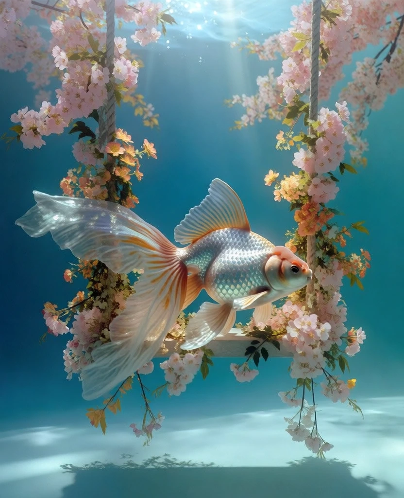 ethereal underwater scene featuring a majestic goldfish with long translucent flowing fins resting on a swing decorated with lush pink cherry blossoms and delicate orange flowers, vibrant deep blue water background with shimmering light filtering from above, soft-focus aesthetic, dreamy composition, cinematic lighting creating gentle shadows on the bottom, iridescent scales, magical and whimsical atmosphere, high-detail textures of petals and fins, elegant and serene mood