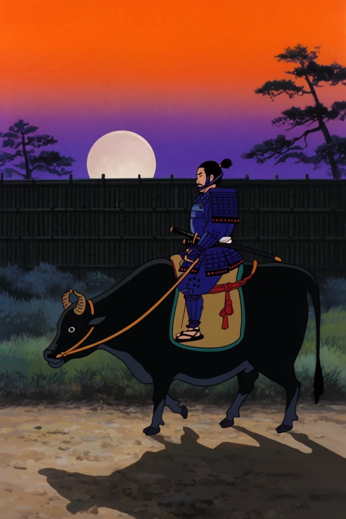 Retro 2D cel-animated samurai in indigo armor riding a black ox across a dirt path. A vivid twilight sky gradients from bright orange to deep purple. A giant pale moon rests low behind a dark bamboo fence and scattered pine silhouettes. The ox casts a stark shadow. Hand-drawn flat shading, high-contrast colors, serene atmosphere.
