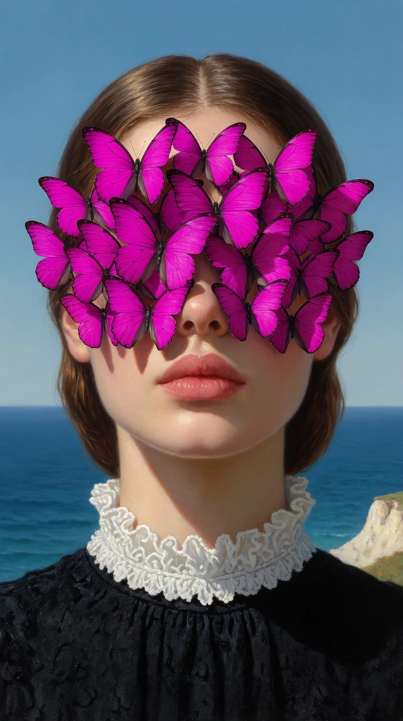 A surreal hyper-realistic portrait of a woman facing forward, her eyes and upper face entirely concealed by a dense cluster of vibrant magenta butterflies. She features fair skin, full pink lips, and smooth brown hair parted down the center. She wears a textured black garment with a high, intricate white ruffled collar. The backdrop is a serene coastal landscape with a deep blue ocean meeting a clear sky at a sharp horizon line, bordered by a small pale rocky cliff on the lower right. Bright natural sunlight casts soft, elegant shadows across her jawline, emphasizing the crisp details of the delicate butterfly wings and the striking color contrast.