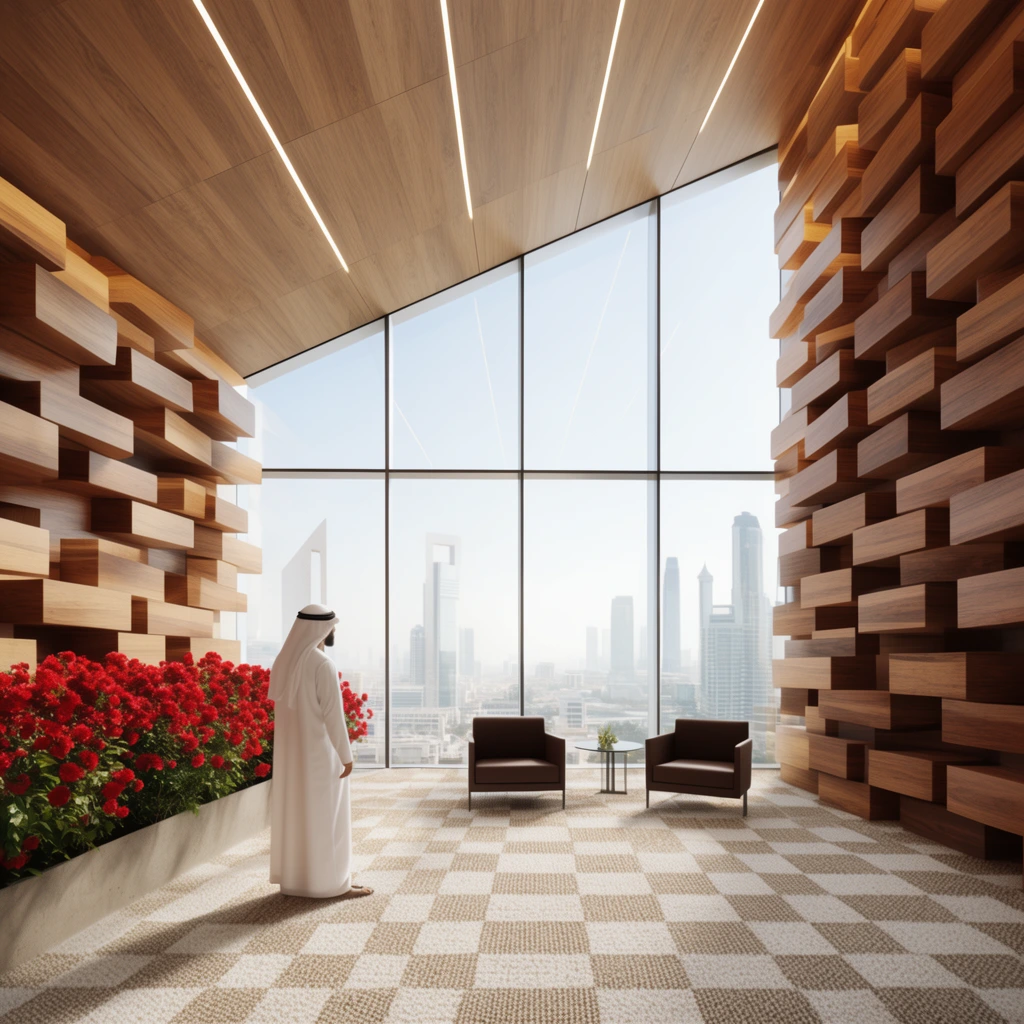 A modern architectural interior features walls of staggered, projecting warm wood blocks. A man in a traditional white kandura and ghutra stands near a planter filled with red flowers. Expansive multi-pane windows offer a bright, elevated view of a hazy city skyline with modern skyscrapers. The geometric space includes a slanted wood-paneled ceiling with linear lighting, minimalist dark brown armchairs, and a textured beige and white checkered carpet. Natural daylight illuminates the photorealistic, wide-angle visualization.