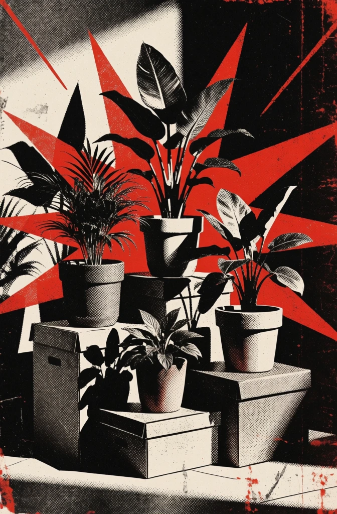 high-contrast noir graphic collage, heavy halftone screen patterns and stippled shading, four diverse potted plants perched on tiered boxes, a jagged saturated crimson red starburst graphic layering behind the composition, dense ink-black shadows and stark cream highlights, distressed xerox print texture with visible grain, sharp graphic-novel outlines, asymmetrical layout with dynamic layered shapes, bold vintage pulp comic book aesthetic, monochromatic palette with one red accent.