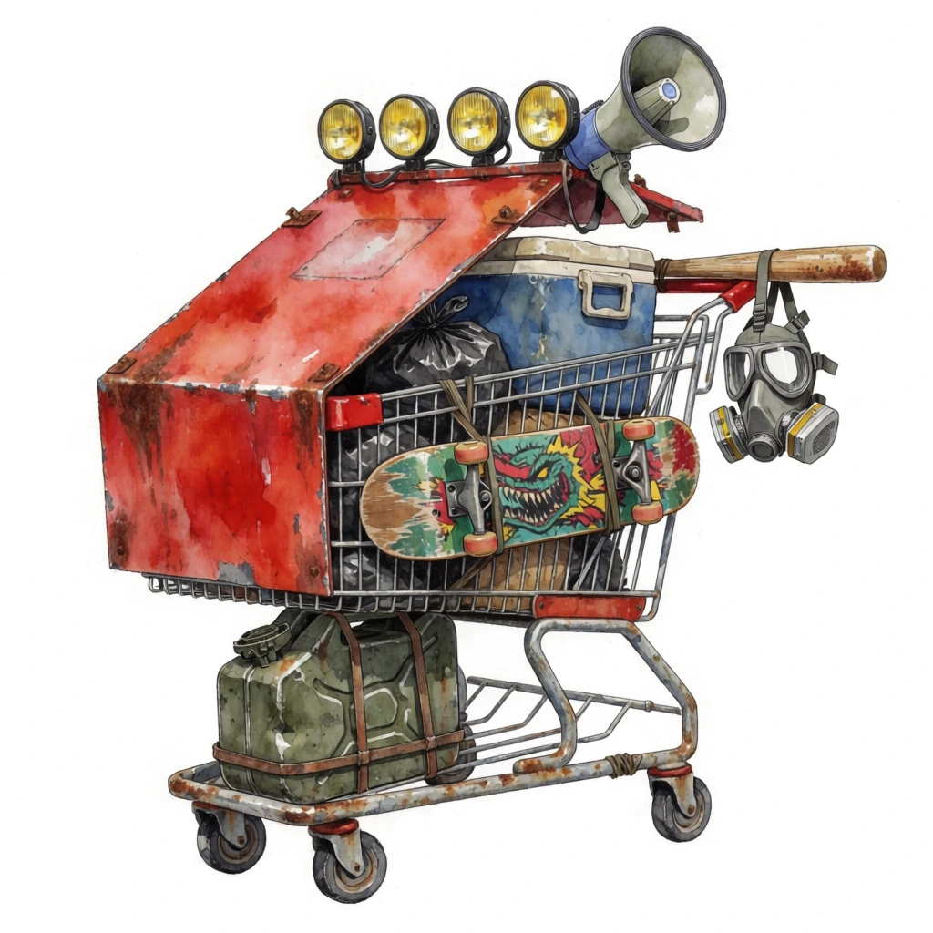 A rust-stained shopping cart transformed into a survivalist rig stands isolated against a stark white background. A weathered, bright red metal sheet is bent over the front and top, forming a protective canopy. Four round yellow halogen lights and a grey megaphone are mounted to the upper edge of this makeshift shield. The cart overflows with scavenged supplies, including bound black plastic bags, a faded blue canvas cooler, and a dented olive-green fuel jerrycan secured near the front wheels. Strapped to the side is a distressed skateboard deck featuring vibrant monster artwork. A wooden baseball bat is horizontally lashed to the push handle, with a grey respirator gas mask dangling from its grip. The detailed watercolor and ink illustration emphasizes chipped paint, oxidized metal, and a rugged utilitarian aesthetic in an evenly lit studio composition.