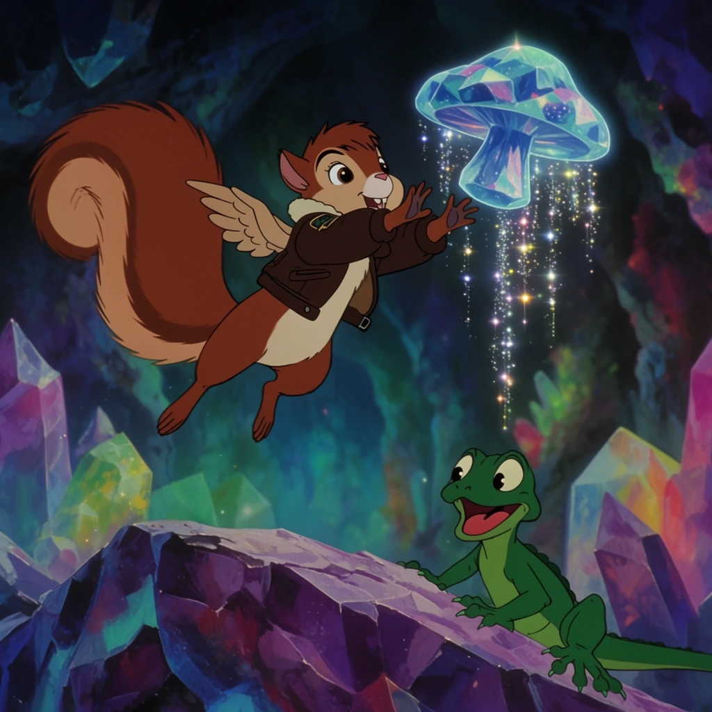 A young anthropomorphic winged squirrel leaps through the air to grab a floating luminescent crystalline mushroom inside a vibrant glowing cavern. The russet-furred squirrel wears a miniature leather aviator jacket and is suspended mid-jump with paws outstretched toward the blue mushroom, which emits cascading trails of shimmering starlight. Below, an emerald-green lizard clings to a jagged purple crystal outcropping, peering upward with an excited open-mouthed expression. The background reveals a magical subterranean world of giant glowing crystals and deep shadows in cool tones. Rendered in classic 1990s traditional 2D cel animation style, the composition utilizes a dynamic low angle to emphasize the mid-air action, contrasting flat-colored characters against a richly detailed, hand-painted environment.