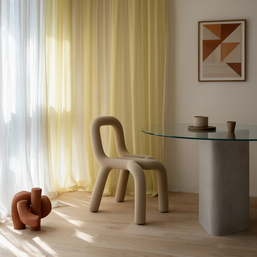 sculptural beige tubular chair, serene minimal interior, sheer white and pale yellow curtains filtering soft sunlight, light wooden floor, round glass table with solid gray base, abstract terracotta sculpture, framed geometric wall art, neutral earthy palette, contemporary wabi-sabi aesthetic