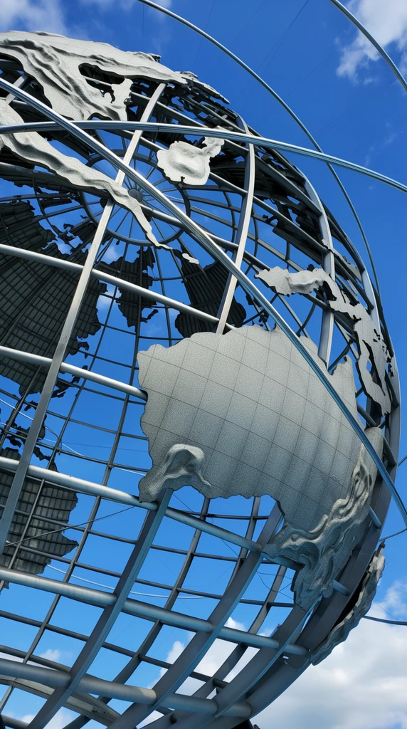 A monumental open-lattice metallic globe sculpture towers against a vivid blue sky with scattered white clouds. Intersecting tubular steel beams form a vast spherical grid supporting textured, cutout landmass panels. A prominent asymmetrical continent plate features a distinct gridded surface pattern and raised topographical ridges. Smooth, sweeping orbital rings slice diagonally across the foreground frame. Photographed from a low upward angle in crisp daylight, the brushed silver tones of the complex architectural metalwork contrast sharply with the natural atmospheric background.