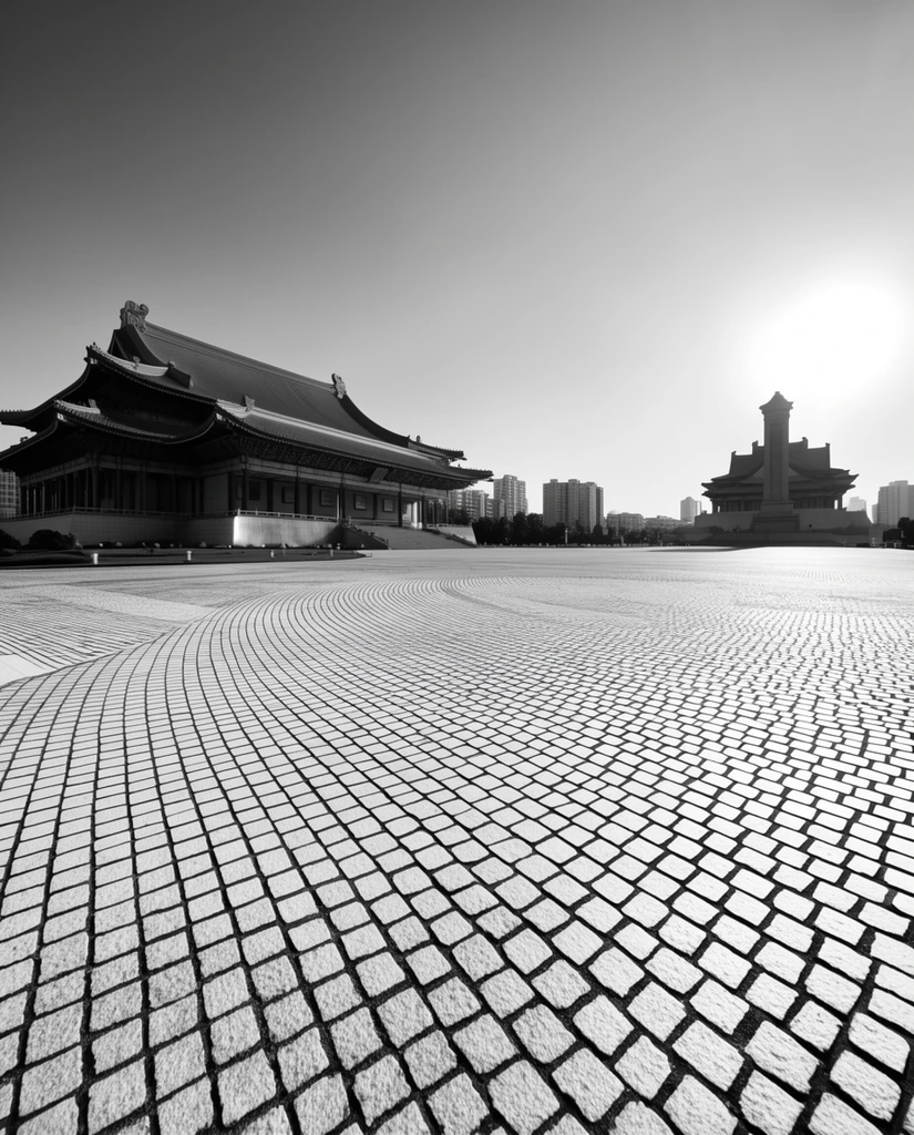 A vast, curving cobblestone plaza dominates a high-contrast black and white landscape. A massive traditional East Asian building with sweeping tiered roofs stands on the left, while a similar towering monument sits in the distant right, silhouetted against a blinding sun. Modern high-rises bridge the horizon between them. A wide-angle lens exaggerates the foreground's geometric paving grid, emphasizing stark lighting and the striking juxtaposition of ancient-style architecture against a contemporary skyline.