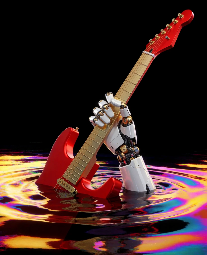 A robotic hand with white plating and ornate gold mechanical joints emerges from a dark, viscous liquid to hold a bright red electric guitar aloft. The mechanical hand, positioned centrally, grips the guitar's neck, which is also red with gold frets and a red headstock featuring six gold tuning pegs. The body of the guitar is partially submerged, tilted at an angle that directs the neck toward the upper right corner of the frame. The liquid surface from which the arm and guitar rise is disturbed by concentric ripples that glow with digital, glitch-like patterns in gold, magenta, and electric blue, creating a chromatic aberration effect on the dark water. The background is a stark, solid black, providing a high-contrast environment that emphasizes the glossy textures of the white armor and the metallic sheen of the gold components. Sharp, directional lighting creates bright specular highlights on the robot's fingers and the guitar's strings. At the bottom edge of the image, stylized, futuristic white and gold text is visible, resembling the characters "I L 2 J I O -". The overall aesthetic is a high-resolution digital render with a cyberpunk theme, focusing on the intersection of music and advanced technology through a vertical composition and a rich palette of red, gold, and white.