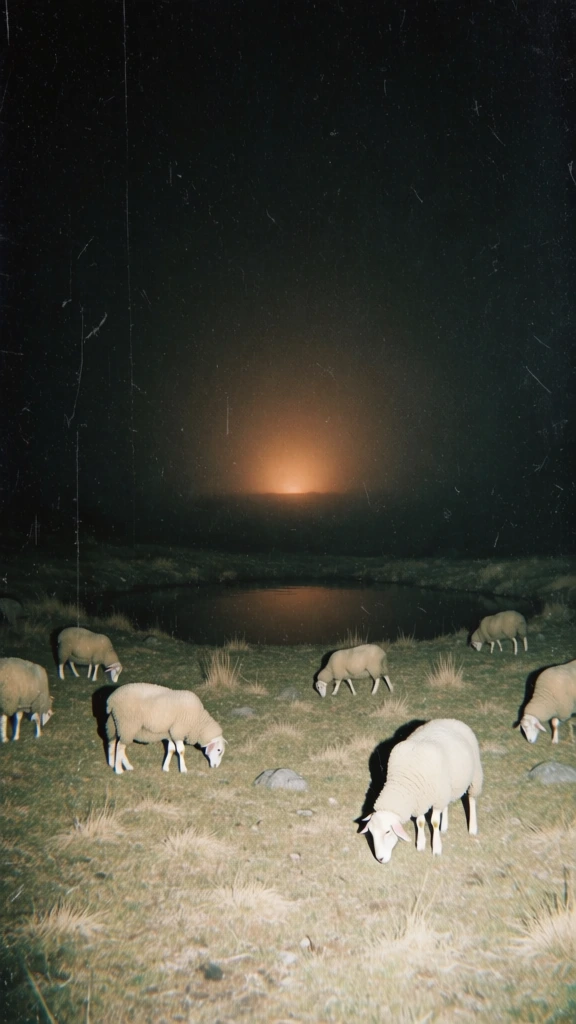 lo-fi vintage 1970s film aesthetic, hard on-camera direct flash photography, pitch black background, grainy 35mm analog texture, high contrast, several sheep grazing in a sparse grassy field in the foreground, harsh artificial illumination, small pond reflecting a faint eerie glow from the far horizon, muted saturated earth tones, deep blacks, sharp shadows, surreal nocturnal atmosphere, overexposed foreground details, liminal space, cinematic still from a found footage horror.