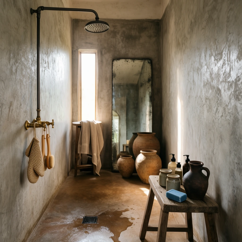A rustic, minimalist bathroom features textured concrete walls, vintage fixtures, and organic bath accessories bathed in warm natural light. The narrow interior is defined by rough, mottled gray plaster walls and an earthy brown concrete floor pooling with a thin trail of water near a square drain. On the left, a dark metal rainfall showerhead extends above brass cross-handle faucets holding a woven bath mitt and wooden body brushes. In the right foreground, a raw wooden stool displays glazed ceramic jars, bottles, a dark clay jug, and a blue bar of soap. Bright sunlight streams through a slender vertical window in the background, illuminating a wooden stand draped with a beige towel, large terracotta urns, and a tall, tarnished mirror leaning against the back wall. The interior photography captures a serene wabi-sabi aesthetic with strong directional lighting emphasizing the tactile, organic materials and muted earth tones.