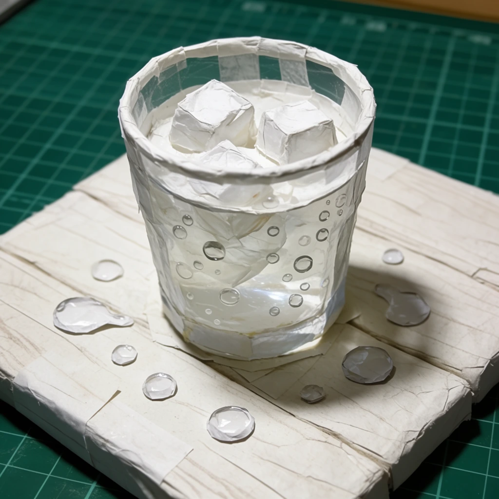 A rough, unpainted white papier-mâché model of a single glass holding liquid, ice cubes, and bubbles, positioned centrally on a simulated wooden surface. Scattered papercraft water droplets surround the glass's base. Every element is heavily textured, sculpted from crinkled, matte white paper and masking tape with visible seams. The uncolored DIY diorama rests on a dark green craft cutting mat featuring white grid lines. Direct, harsh indoor lighting casts distinct shadows across the paper shapes, captured from a high-angle snapshot perspective.
