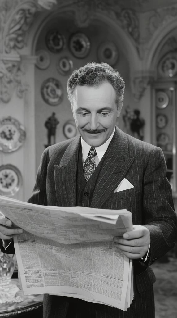 vintage black and white film still, middle-aged man with a thin mustache and wavy hair, tailored pinstripe suit, patterned tie, looking down at a wide-open newspaper with a subtle smile, ornate interior, decorative wall plates, sculpted archways, crisp cinematic lighting, medium shot