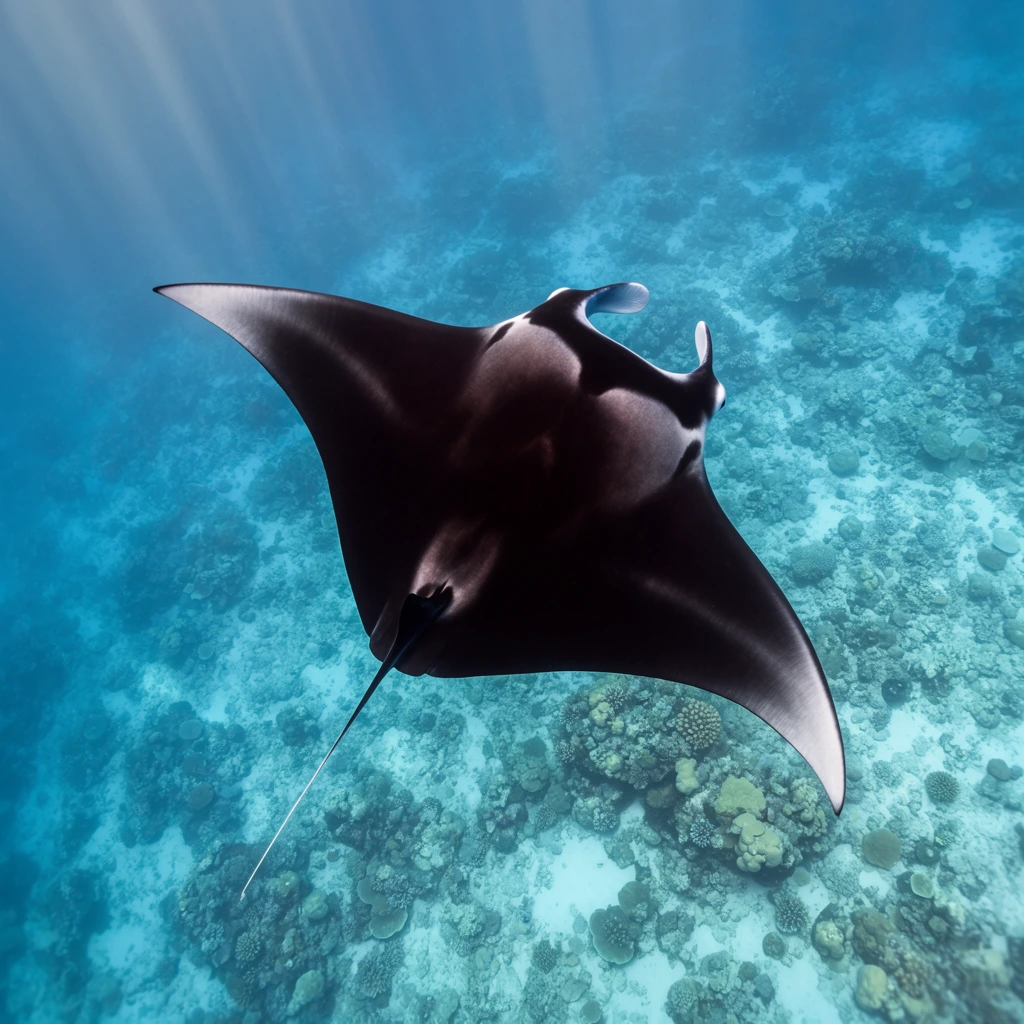 A top-down underwater photograph of a large, dark manta ray gliding diagonally through luminous blue ocean water. The creature features wide, diamond-shaped pectoral fins, forward-pointing cephalic fins, and a long, needle-like tail. Its smooth dorsal surface is deep charcoal, accented by subtle grey patches near the head. Beneath the manta ray, the seabed reveals a textured landscape of scattered coral reef formations and light turquoise sandy patches. Diffused sunbeams angle down from the upper left, piercing the water column. The high-angle perspective and sharp focal depth emphasize the striking contrast between the dark, streamlined form of the ray and the vibrant, crystal-clear aquatic environment.
