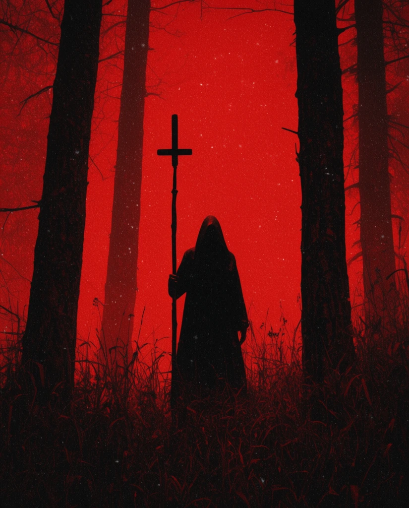silhouetted hooded figure holding a tall staff topped with an inverted cross, towering dark tree trunks, overgrown tall grass, vivid blood red sky, faint white speckles, dark fantasy horror, heavy film grain, high contrast