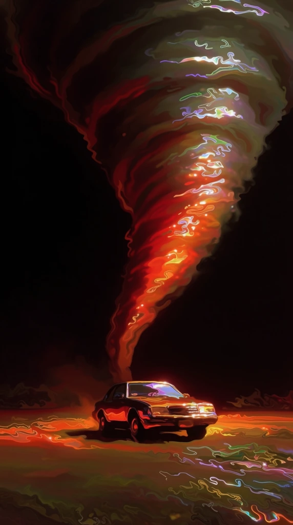 A single car drives across a flat, empty field directly toward a massive tornado descending from the sky, rendered in a highly stylized digital painting technique characterized by extreme chiaroscuro and liquid-like, viscous forms. The surrounding environment is consumed by deep, pitch-black shadow, isolating the central subjects in heavy, inky darkness. The tornado's swirling funnel, the flat ground, and the body of the car are illuminated by a luminous, molten inner glow of highly saturated fiery reds, deep oranges, and golden yellows. Sharp, serpentine specular highlights snake across the swirling wind and metallic surfaces in thick, squiggly shapes of pearlescent white, iridescent green, and cool purple, creating a glossy, intensely reflective finish. The contours of the descending vortex and the landscape warp with wavy, undulating distortions and thick, graphic edge lighting, emphasizing smooth, volumetric blending and a stark, highly theatrical contrast between the radiant, vibrant patches of light and the surrounding void.