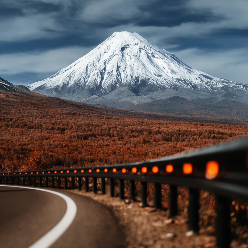 A colossal snow-capped stratovolcano towers above a sweeping valley of rust-orange and brown autumn foliage. In the out-of-focus foreground, an asphalt road with a solid white line curves sharply left, edged by a black metal guardrail featuring bright orange reflectors. The telephoto perspective compresses the distance, drawing the eye across the warm, textured forest directly to the mountain's stark white peak and rugged ridges set against a moody, cloud-filled blue sky.