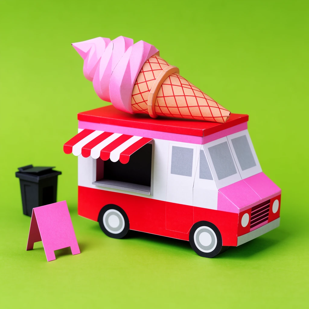A folded papercraft ice cream truck in vivid pink, red, and white rests on a seamless lime green surface. An oversized pink soft-serve cone with red crosshatching sits on the roof. A miniature pink A-frame board and a tiny black recycling bin flank the sharp-edged, brightly colored vehicle.
