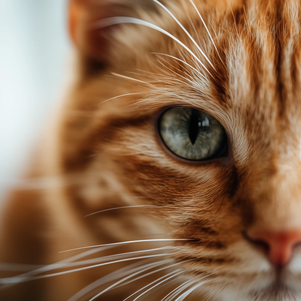 Extreme macro close-up orange tabby cat eye, sharp focus on greenish-grey iris and vertical pupil, textured orange fur, long curved white whiskers, shallow depth of field, blurred light background