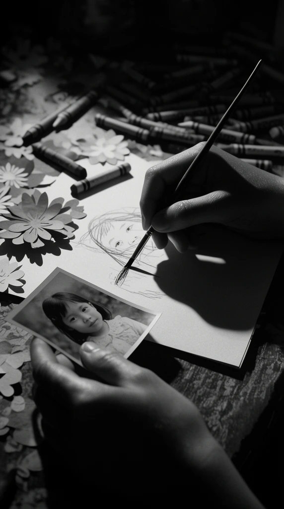 black and white close-up of hands sketching, hand holding a girl's photograph, hand drawing on paper with a thin brush, scattered crayons, floral paper cutouts, dramatic high-contrast spotlighting, cinematic deep shadows