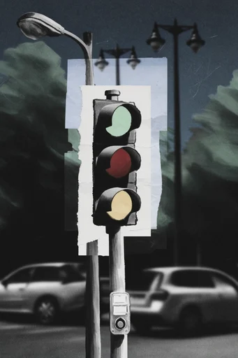 Fragmented Analog Noir style reference image — torn paper collage