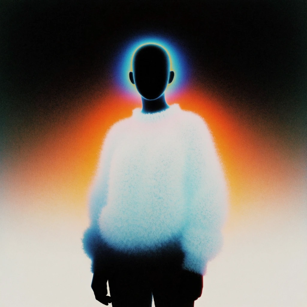 A stylized, grainy digital artwork features a central humanoid silhouette enveloped in a radiant, multi-colored glow against a dark, textured background. The figure is positioned in the center of the frame, captured from the mid-thigh up in a frontal view. Its head is a solid, featureless black shape with small ear-like contours, encircled by a tight, luminous cyan-blue halo. Below the neck, the torso expands into a soft, voluminous, and heavily textured white form that glows with a faint light-blue tint, resembling an oversized sweater or a nebulous mass. The lower portion of the figure transitions back into a sharp black silhouette, with one arm visible at the side. The background consists of a deep black space at the top that gives way to a vibrant, diffused orange and amber aura radiating from behind the figure's shoulders. This warmth fades into a hazy, off-white gradient filling the bottom section of the image. The entire composition is characterized by a dense, film-like grain and a soft-focus aesthetic, creating a high-contrast interplay between the solid shadows of the silhouette and the ethereal, glowing light. The lighting appears to originate from behind the subject, creating a backlit effect that eliminates internal details while emphasizing the figure's outline through colorful chromatic aberration.
