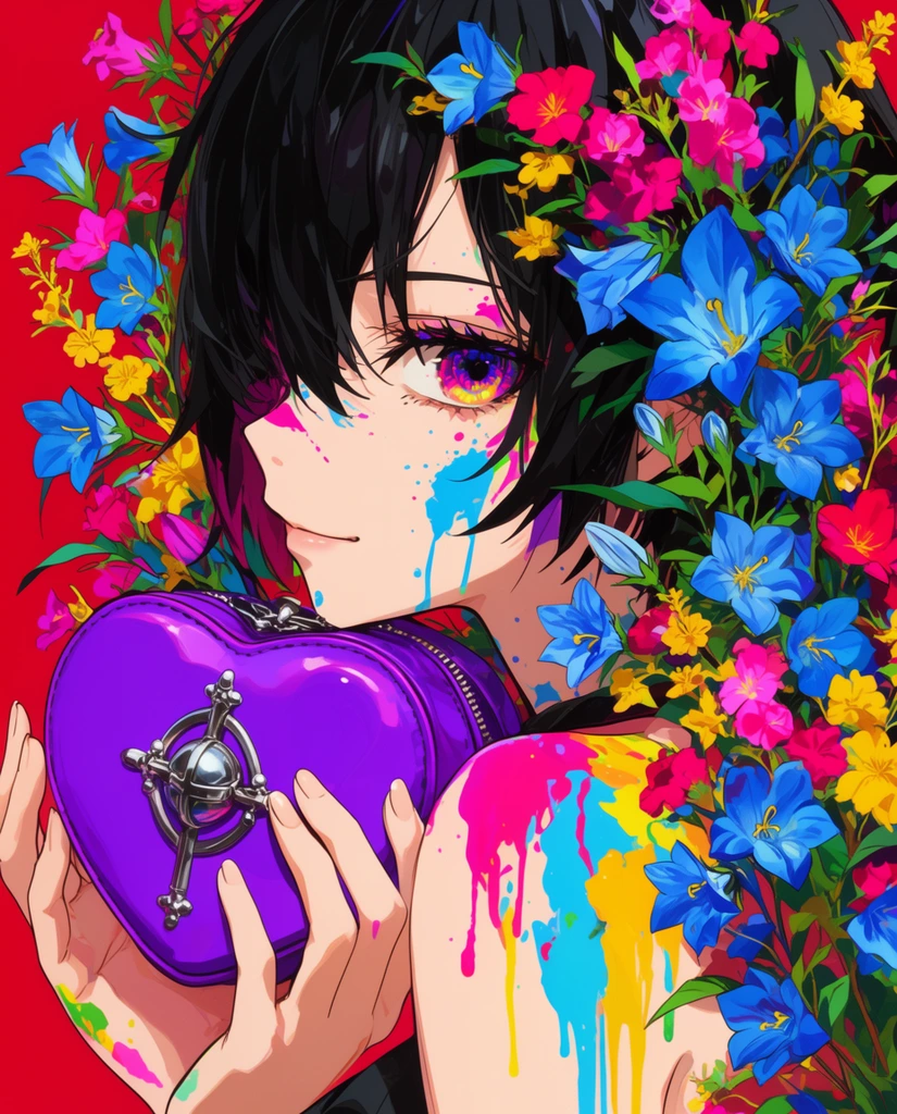 In a vibrant anime-style illustration, a young woman with choppy black hair holds a glossy purple heart-shaped bag amidst a burst of colorful flowers against a solid crimson background. She looks over her shoulder with a subtle smirk, her pale skin splattered with vivid drips of neon blue, pink, and yellow paint. Her intensely detailed eye displays a striking gradient of magenta, gold, and deep purple. Her delicately posed hands softly grip the bag, which is adorned with a silver metallic orb-and-cross emblem. An energetic overgrowth of bright blue bellflowers, hot pink blossoms, yellow blooms, and sharp green leaves heavily frames her face and shoulders. The hyper-saturated color palette, crisp cel-shaded line art, and high-contrast lighting create an arresting pop-art aesthetic.