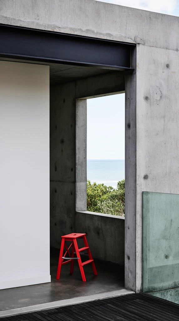 A brutalist architectural portal frames an ocean horizon, punctuated by a bright red step stool. Exposed concrete walls, a black steel I-beam, and white planes form a deep geometric threshold. The vibrant red stool rests in the shadowed interior, providing stark contrast against the neutral palette. Through the rectangular aperture, green coastal foliage descends toward a pale blue sea and bright sky. A frameless glass balustrade clings to the right exterior concrete above dark wooden foreground decking. The minimalist architectural photography emphasizes rectilinear forms, raw textures, and natural daylight.