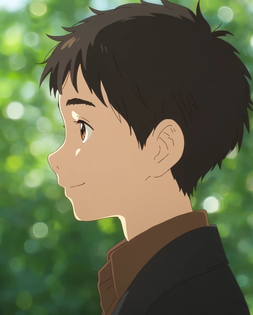 A 2D anime-style profile of a young boy looking left with a subtle smile. He has short, messy dark brown hair and warm brown eyes, wearing a brown collared shirt under a dark jacket. Bright natural light illuminates his face against a deeply blurred, lush green background filled with prominent circular bokeh. The composition features soft cel-shaded rendering, delicate linework, and a shallow depth of field.