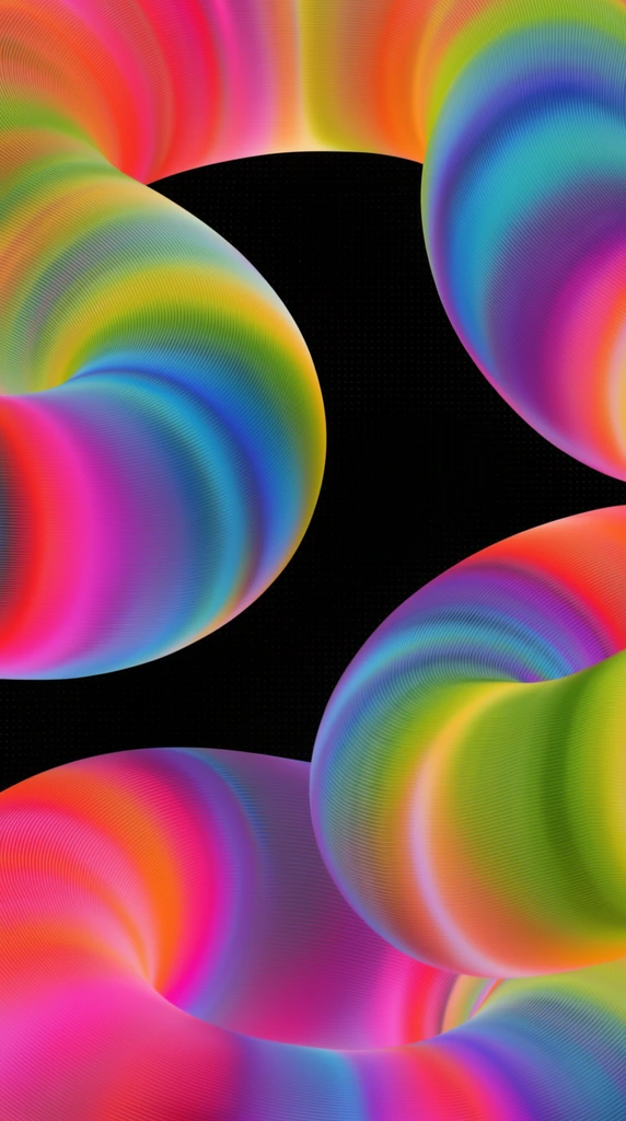 Abstract 3D tubular forms with vibrant iridescent gradients wind through a dark space. The serpentine shapes consist of dense, ultra-fine parallel lines wrapping around their volume, shifting seamlessly through a bright spectrum of neon magenta, cyan, lime green, vivid orange, and deep purple. These luminous, ribbed structures frame the composition against a solid black background subtly patterned with a delicate grid of tiny white dots, emphasizing the fluid, undulating contours and intense optical depth of the neon gradients.
