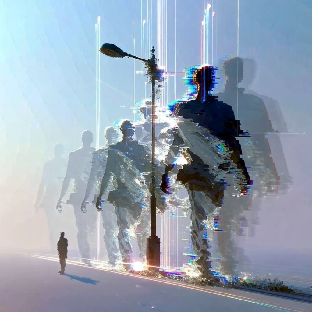 centralized streetlamp on a minimalist pole flanking a desolate road, a tiny solitary figure standing in the distance, high-key ethereal overexposure, luminous pale blue atmospheric backdrop, digital glitch aesthetic with shredded pixelated silhouettes, intense chromatic aberration and prismatic light leaks, vertical fiber-optic light streaks, ghosted multi-exposure echoes, crystalline data-mosh textures, iridescent rim lighting, fractured reality, transcendental digital-celestial mood