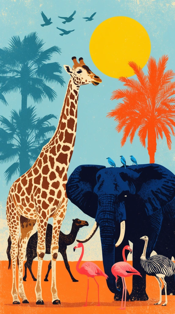 towering spotted giraffe, massive dark blue elephant with perched blue birds, pink flamingos, striped ostrich-like creature, dark camel, vibrant orange palm tree, silhouetted teal palms, bright yellow sun, light blue sky with flying birds, vintage travel poster style, flat lithograph colors, distressed stippled texture, warm retro palette