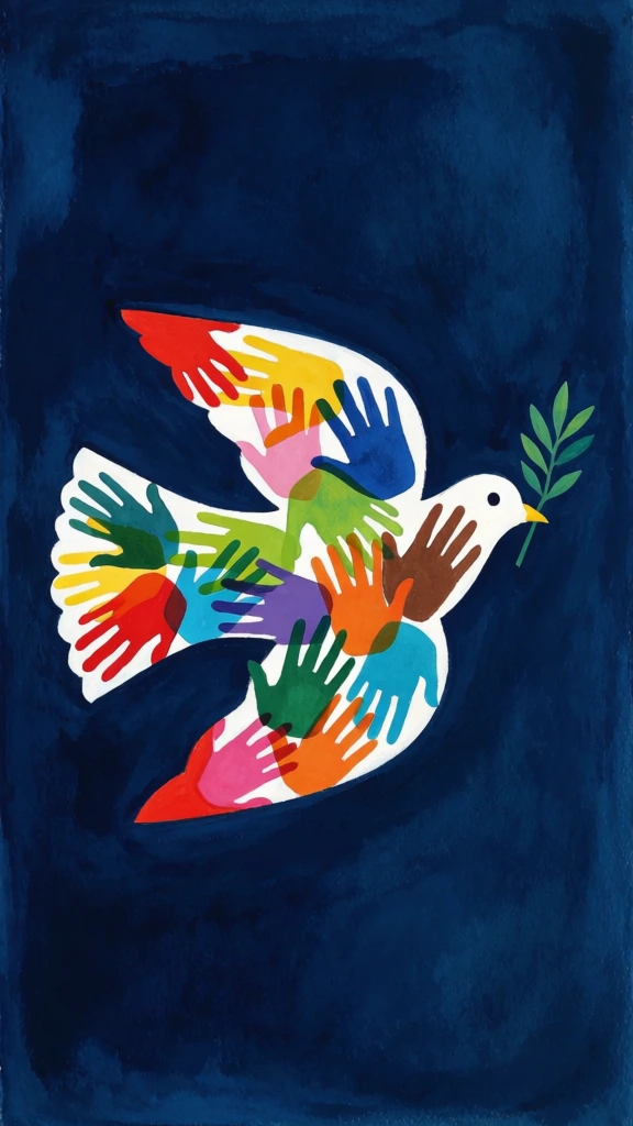 A stylized white dove filled with numerous colorful handprints flies against a solid dark blue background while carrying an olive branch in its beak. Positioned centrally, the dove’s white silhouette is densely packed with overlapping human hand shapes in a vibrant array of colors, including bright red, yellow, lime green, forest green, cyan, orange, pink, purple, and brown. These hands are arranged in various orientations, creating a kaleidoscopic mosaic within the bird's body. The dove itself features a single small black eye and a short yellow beak holding a green sprig with several small leaves. The pointed tips of its wings are colored in a contrasting solid red. The entire scene is set against a textured, deep navy blue background that exhibits subtle variations in tone, suggesting a painted or gouache-style finish. The artistic style is graphic and symbolic, utilizing high contrast between the white central figure and the dark backdrop to emphasize the colorful internal elements. The composition is clean and centered, focusing entirely on the bird in mid-flight.