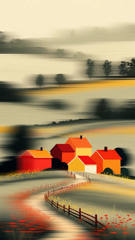 ultra-kinetic horizontal motion blur, side-scrolling perspective, extreme panning speed effect, a cluster of houses on a hill positioned in the lower third, vibrant warm-toned architecture popping against a desaturated palette of earthy greens and grays, a winding path with a weathered wooden fence and scattered wildflowers streaked into soft fluid lines, distant trees and rolling hills dissolving into layered horizontal textures, cinematic long exposure aesthetic, minimalist composition.
