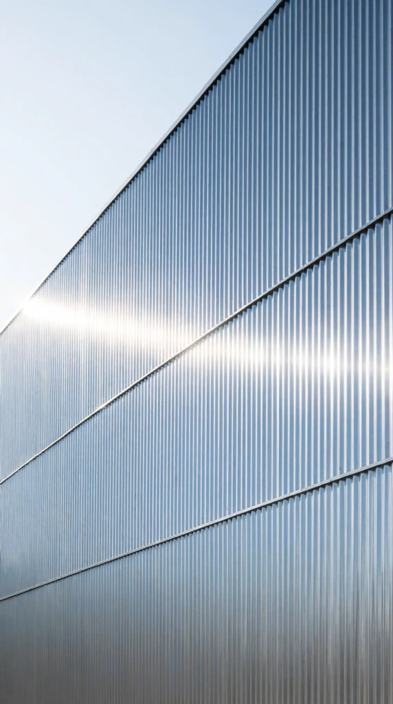 Stepped corrugated metal building facade, vertical ridged texture, sleek silver and cool blue metallic surface, horizontal seams, bright sun glare, clear pale sky, minimalist abstract architectural photography