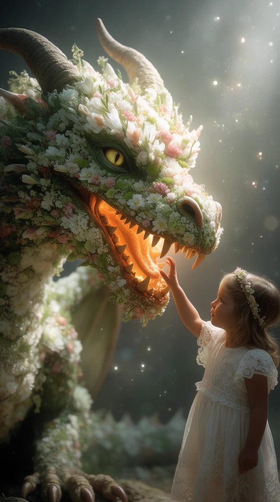 A young girl touches the snout of a massive dragon constructed from densely packed white, pink, and green flowers. The child stands in profile wearing a white lace dress and floral headband, reaching toward the creature's upper jaw. The beast features curved horns, a yellow reptilian eye, wooden teeth, and a warm orange glow emanating from its open mouth. They stand in a dark, misty environment filled with floating luminous dust particles. The cinematic composition uses ethereal backlighting to illuminate the intricate botanical textures against a softly blurred background.
