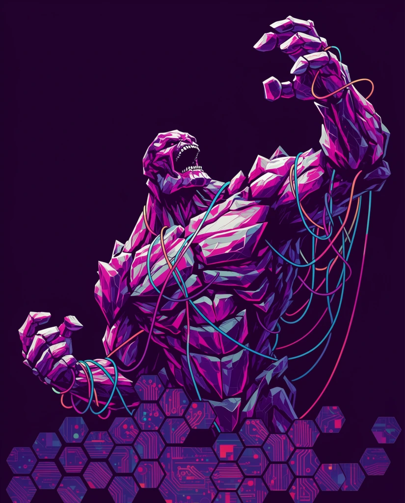 colossal crystalline golem roaring, reaching upwards, entangled in glowing neon cables, solid dark purple background, high contrast silhouette effect, bottom section featuring a hexagonal grid layout revealing abstract circuit board patterns, cyberpunk aesthetic, stark duotone lighting, graphic poster design, intense dynamic composition, sharp vectors