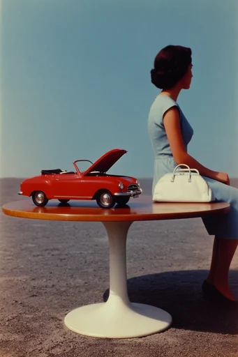 Cinematic Retro Surrealism style reference image — saturated primary colors