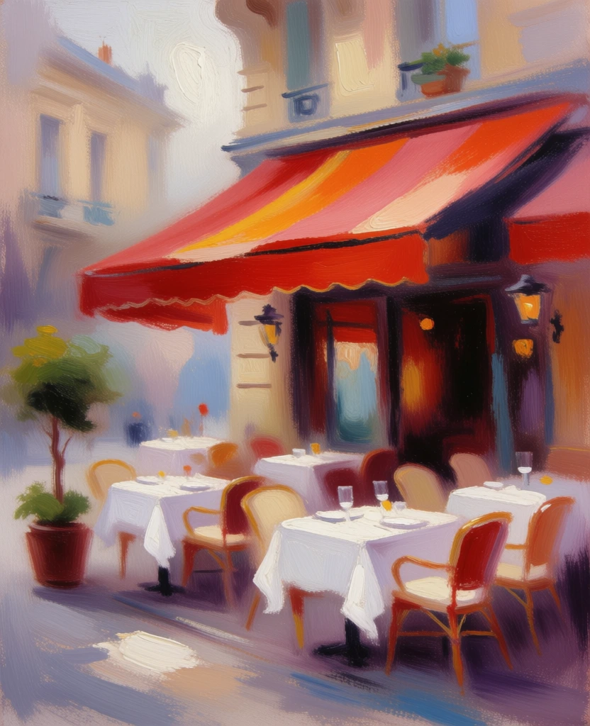 a european restaurant with outdoor seating and a red/orange awning out front
